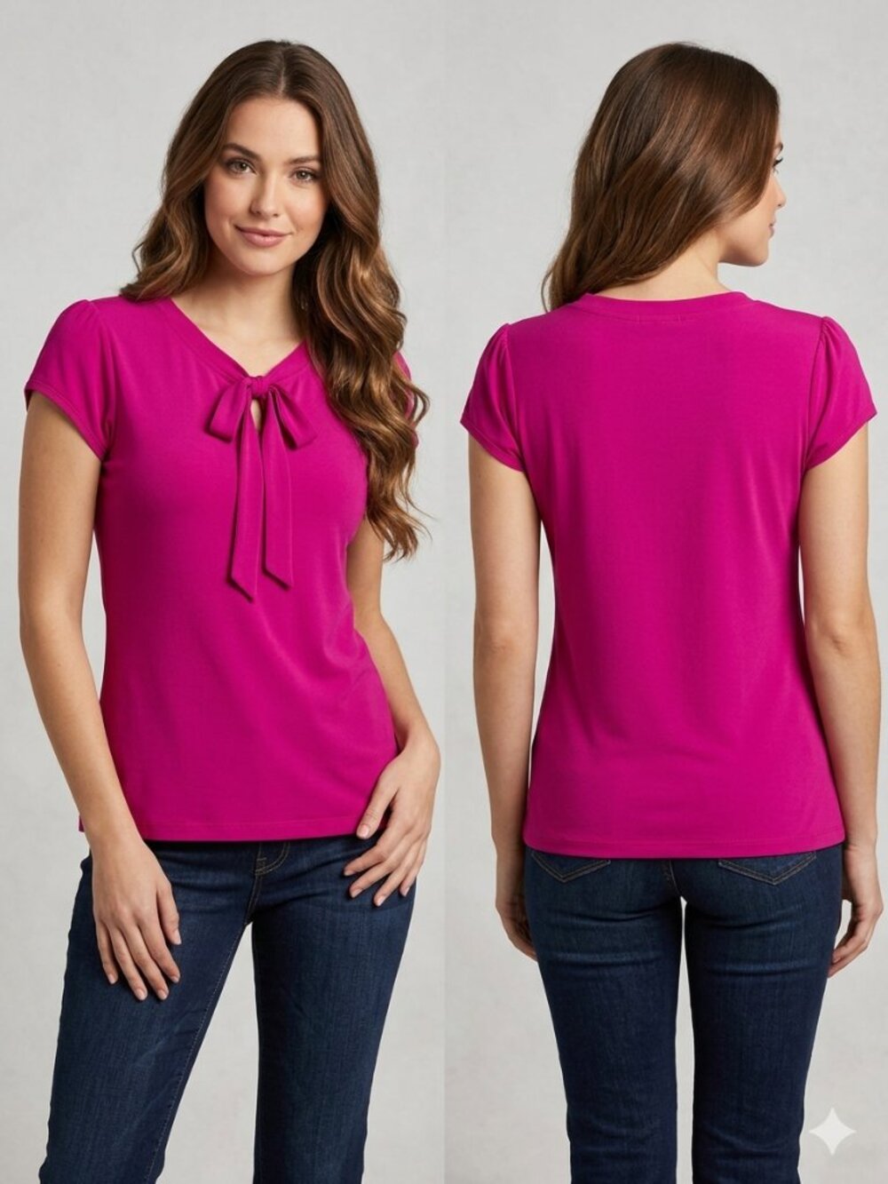KENAR Women’s Hot Pink Short Sleeve Keyhole Tie Neck Top - Size Small  Soft Knit